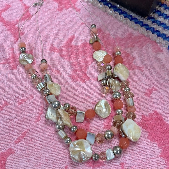 Vintage Jewelry - VTG Mother of Pearl Pink Glass and Silver Tone Metal Beaded Costume Necklace